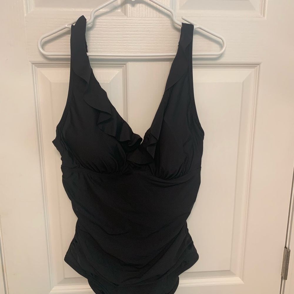 DKNY Classic Black ruffled one piece. New without tags. Size XL
